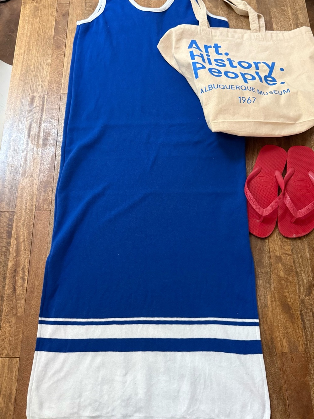 Vintage 1980’s Made In USA Blue and White Sleeveless Tank Dress with Stripe Hem